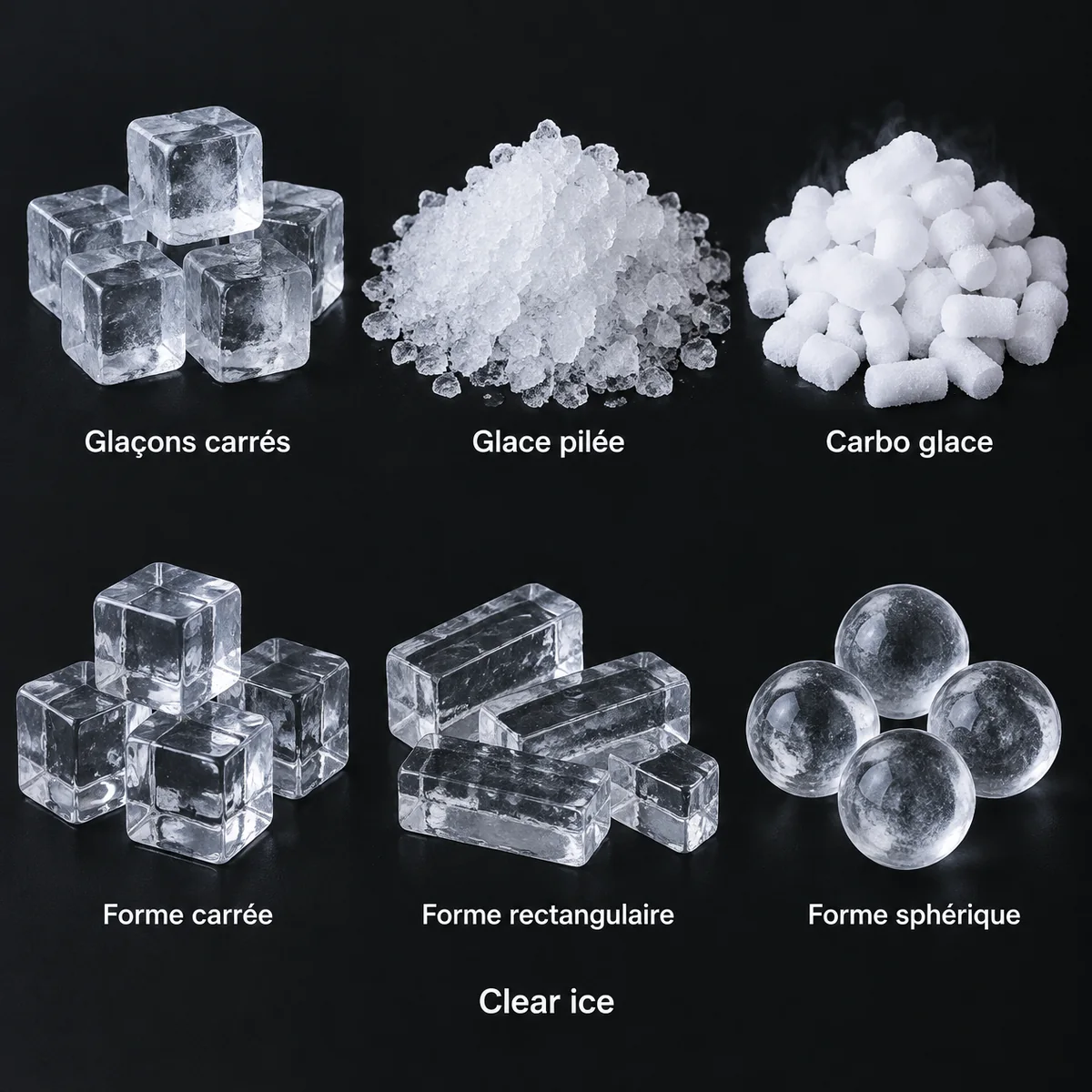 Notre gamme : glaçons carrés, glace pilée, carboglace et Clear Ice