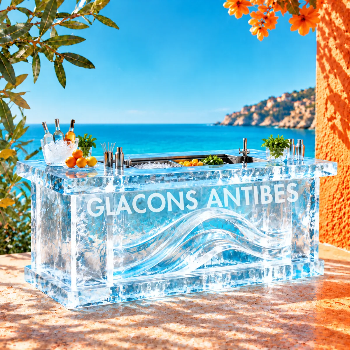Bar entièrement sculpté dans la glace face à la mer