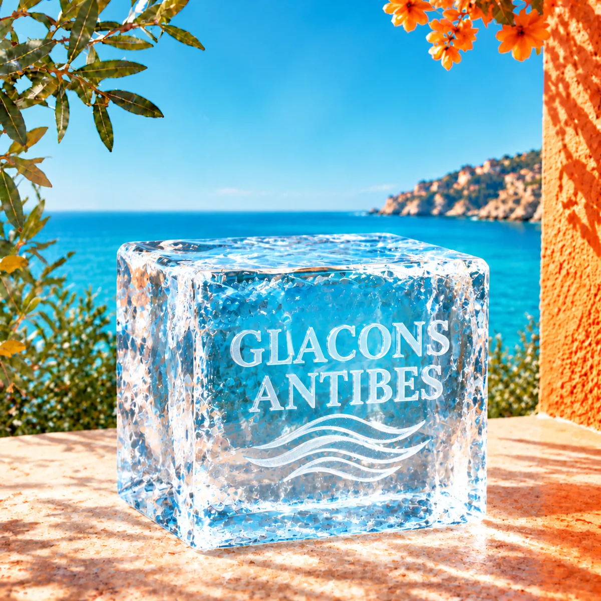 Glaçon gravé au logo Glaçons Antibes