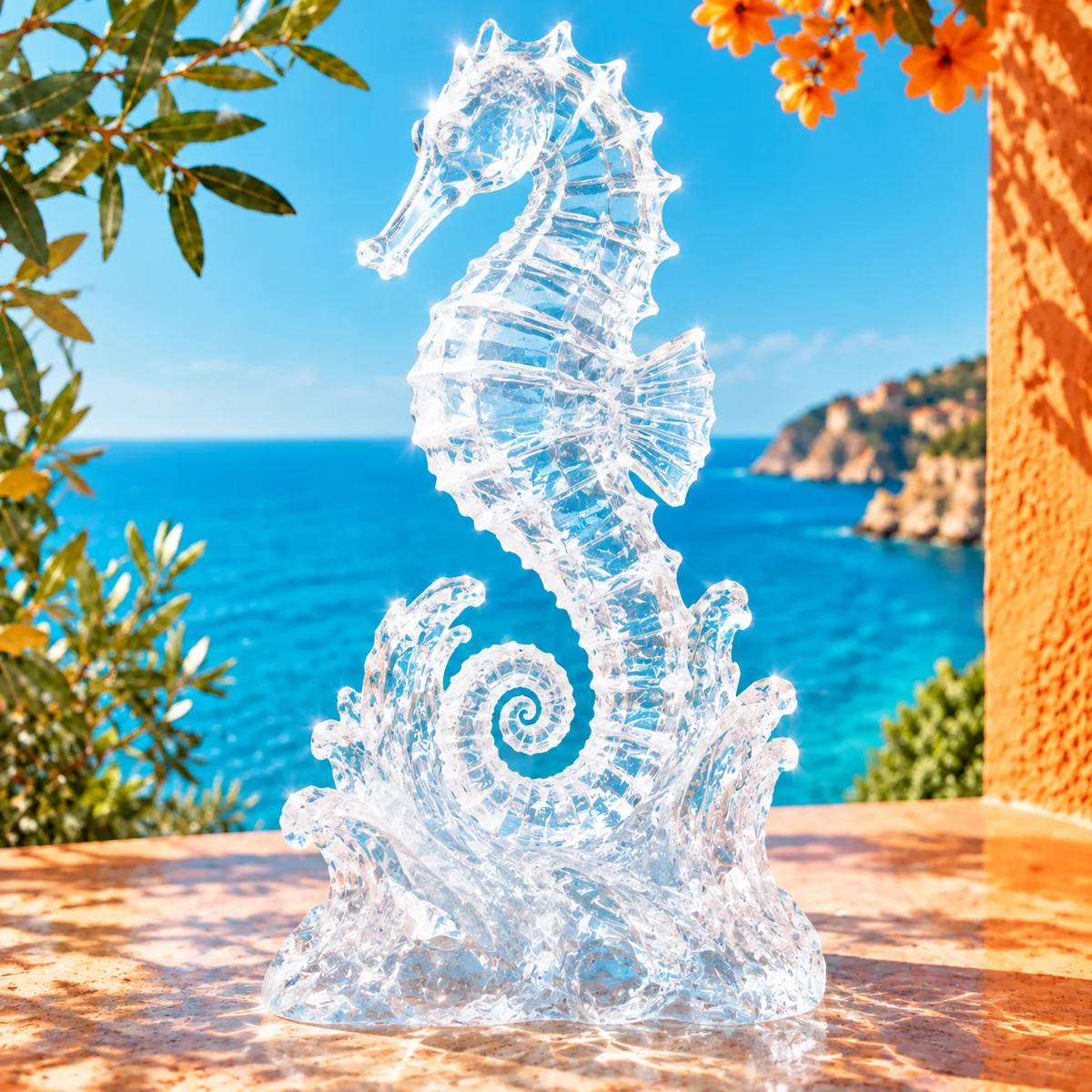 Hippocampe sculpté dans la glace