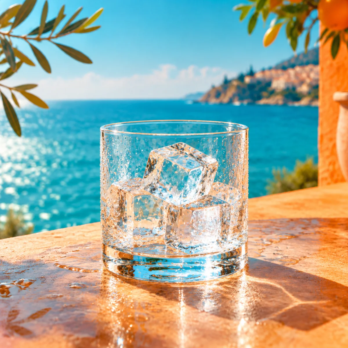Verre de glaçons au soleil